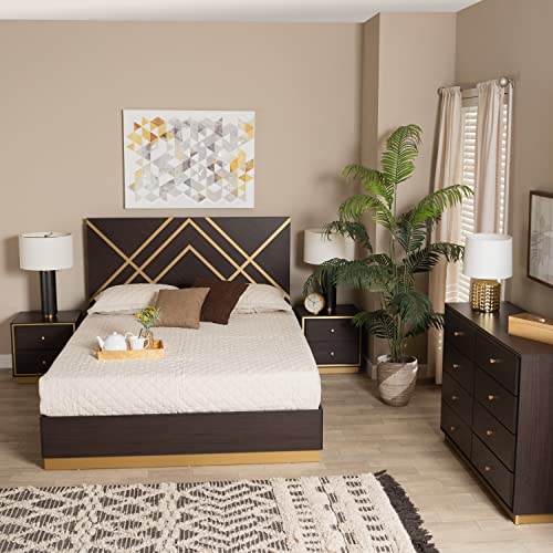 Baxton Studio Arcelia Dark Brown and Gold Wood Queen Size 4Piece Bedroom Set