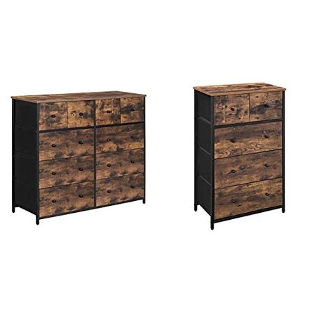 SONGMICS Industrial Wide Dresser, 10-Drawer, Rustic Brown + Black & Drawer Dresser, Storage Dresser Tower with 5 Fabric Drawers, Wooden Front and Top, Industrial Style Dresser Unit, Brown and Black