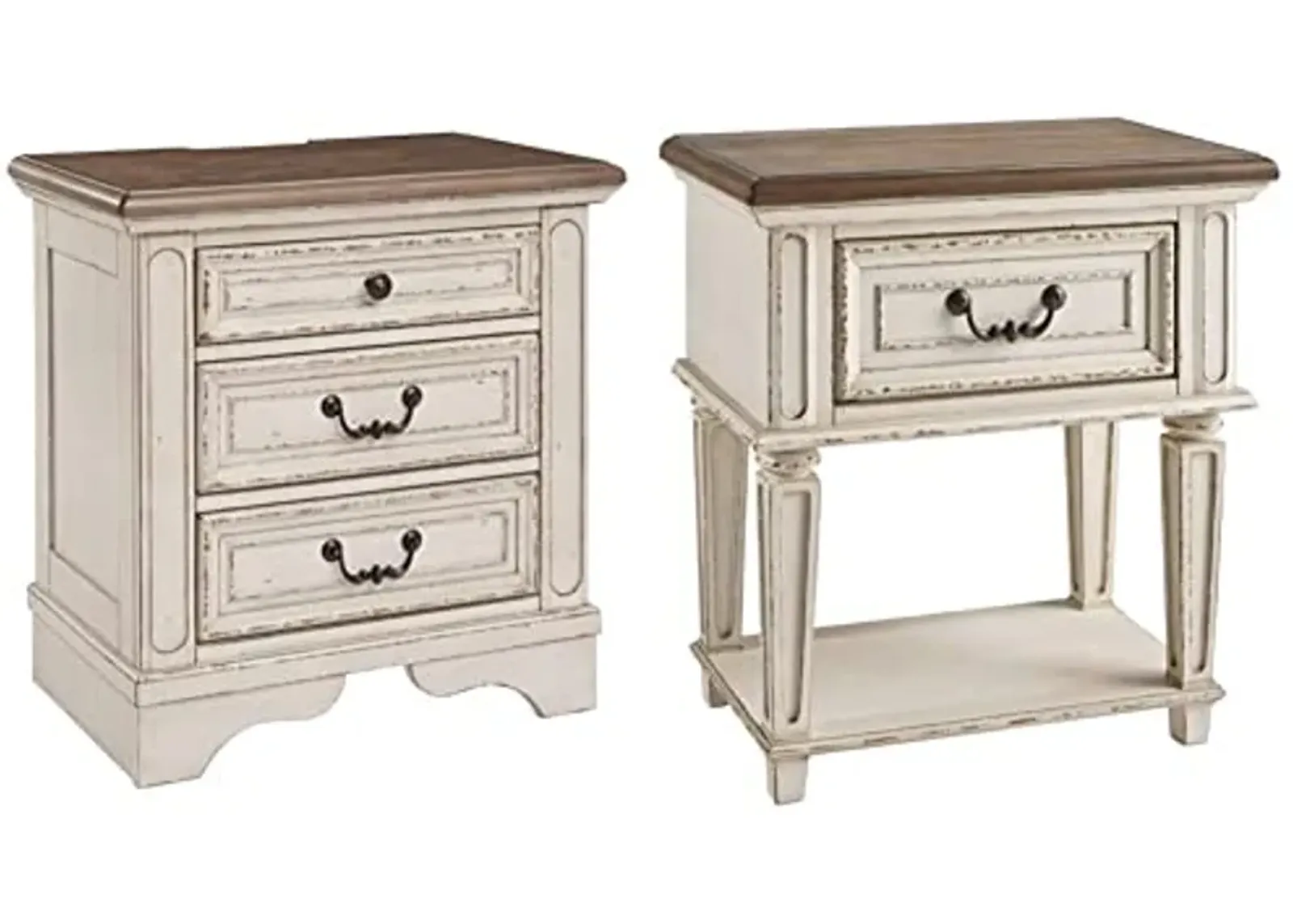 Signature Design by Ashley Realyn French Country 3 Drawer Nightstand, Chipped White & Realyn Traditional Cottage 1 Drawer Nightstand, Chipped White, Distressed Brown