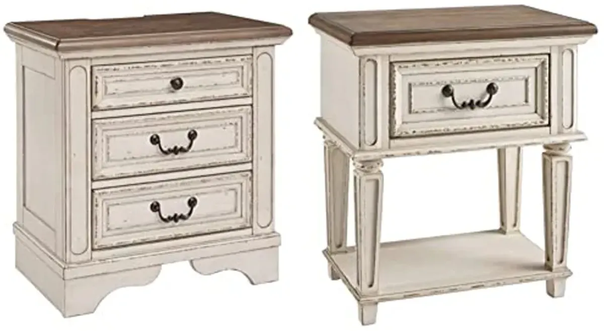 Signature Design by Ashley Realyn French Country 3 Drawer Nightstand, Chipped White & Realyn Traditional Cottage 1 Drawer Nightstand, Chipped White, Distressed Brown