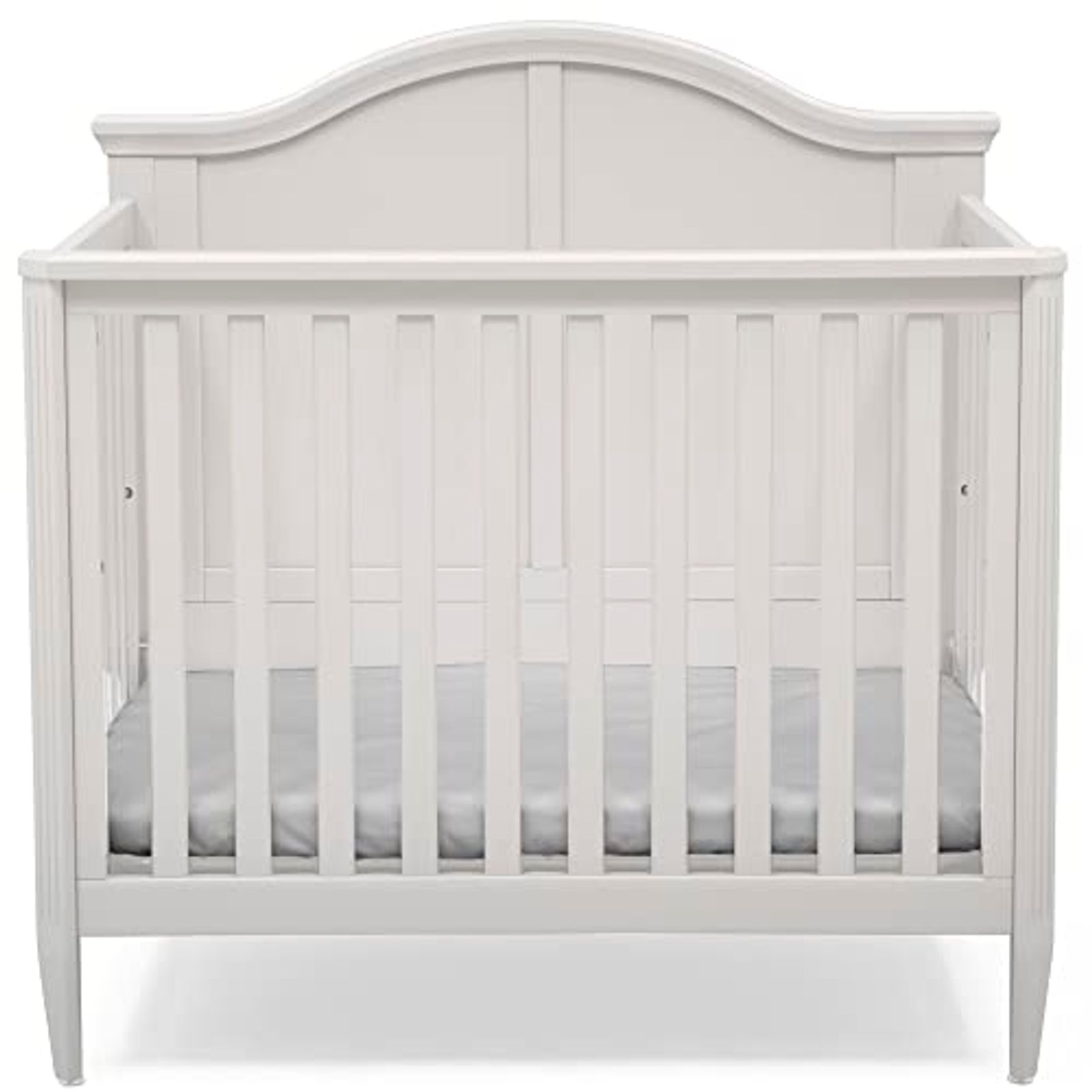 Delta Children Parker Mini Convertible Baby Crib with Mattress and 2 Sheets - Greenguard Gold Certified, Bianca White