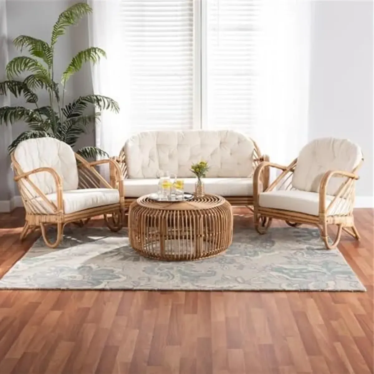 Baxton Studio Aliane Modern Bohemian Natural Brown Antique Rattan 4-Piece Living Room Set