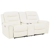 Signature Design by Ashley Warlin Modern Faux Leather Tufted Power Reclining Loveseat with Control and Adjustable Headrest, White