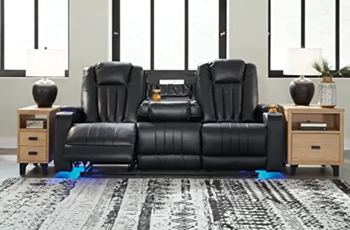 Signature Design by Ashley Center Point Contemporary Faux Leather Tufted Reclining Sofa with Drop Down Table, Black