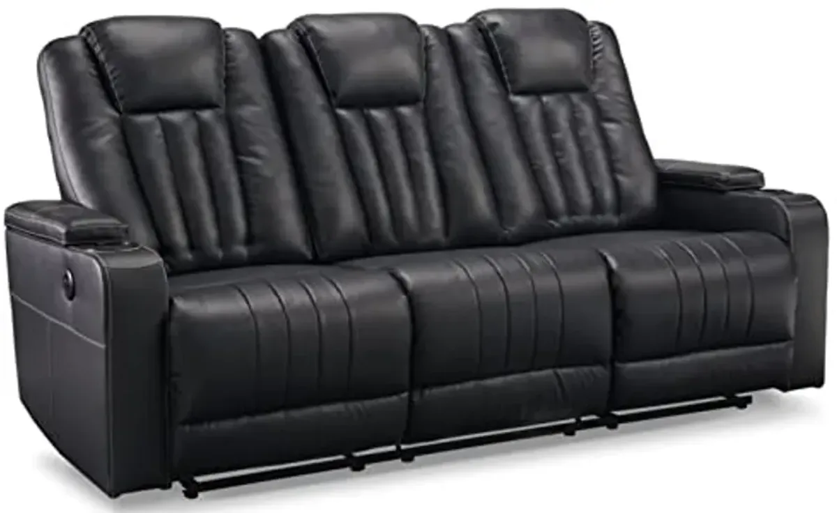 Signature Design by Ashley Center Point Contemporary Faux Leather Tufted Reclining Sofa with Drop Down Table, Black