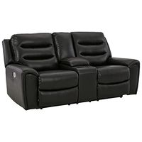 Signature Design by Ashley Warlin Modern Faux Leather Tufted Power Reclining Loveseat with Control and Adjustable Headrest, Black