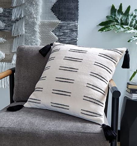 Signature Design by Ashley Mudderly Casual Square Cotton Pillow with Stripe Design, 20" x 20", White & Black