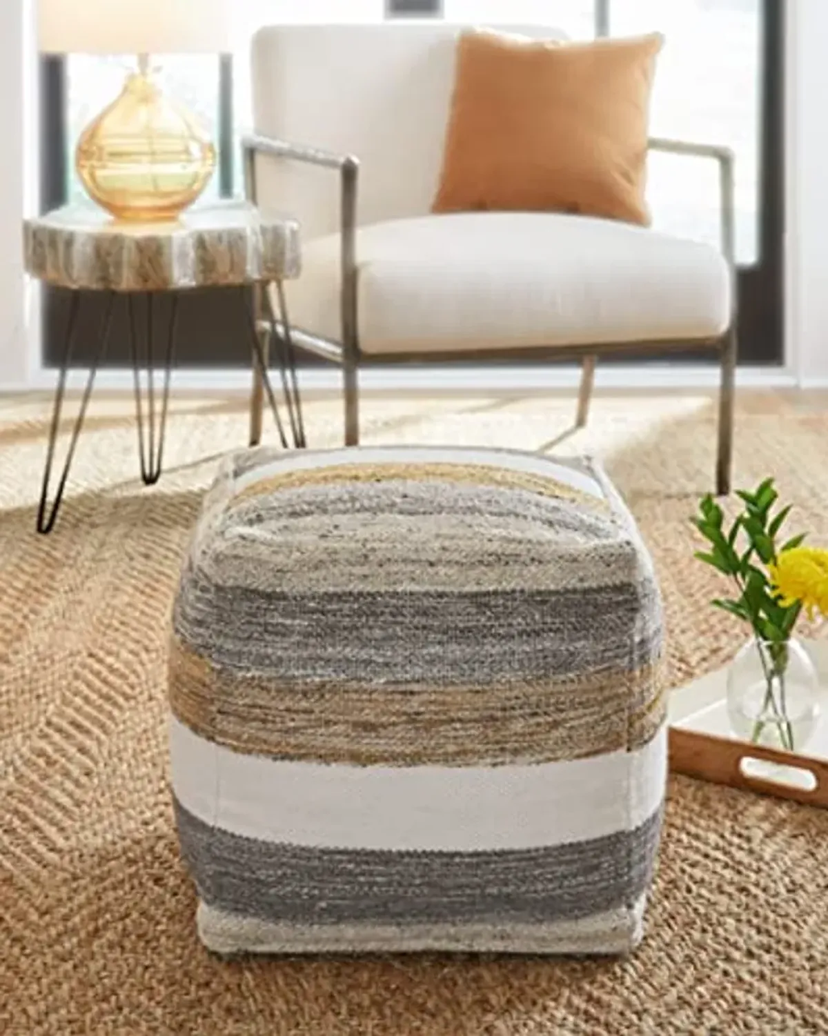 Signature Design by Ashley Josalind 16 Inch Casual Wool Pouf, Gray & Beige