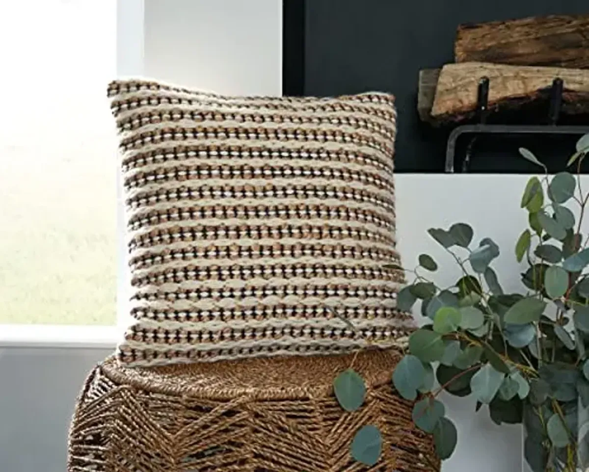 Signature Design by Ashley Nealington Casual Square Wool and Jute Pillow with Stripe Design, 20" x 20", Light Brown