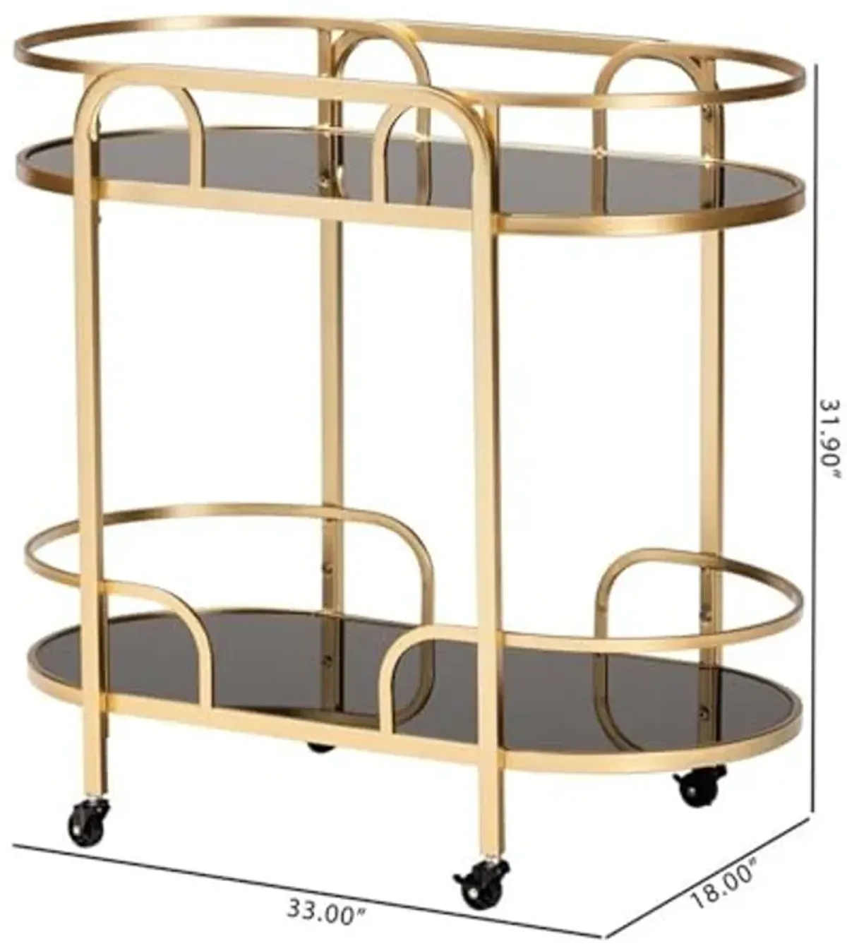 Baxton Studio Leighton Contemporary Glam and Luxe Gold Metal and Tempered Glass 2-Tier Wine Cart