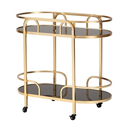 Baxton Studio Leighton Gold Metal and Tempered Glass 2-Tier Wine Cart