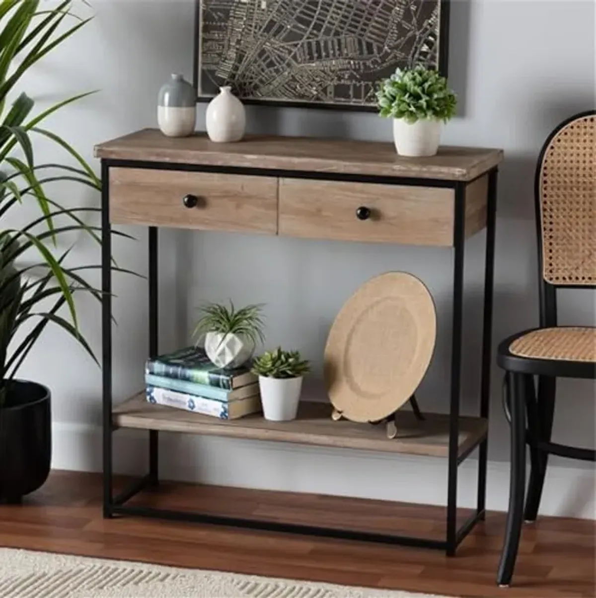 Baxton Studio Silas Modern Industrial Natural Brown Finished Wood and Black Metal 2-Drawer Console Table