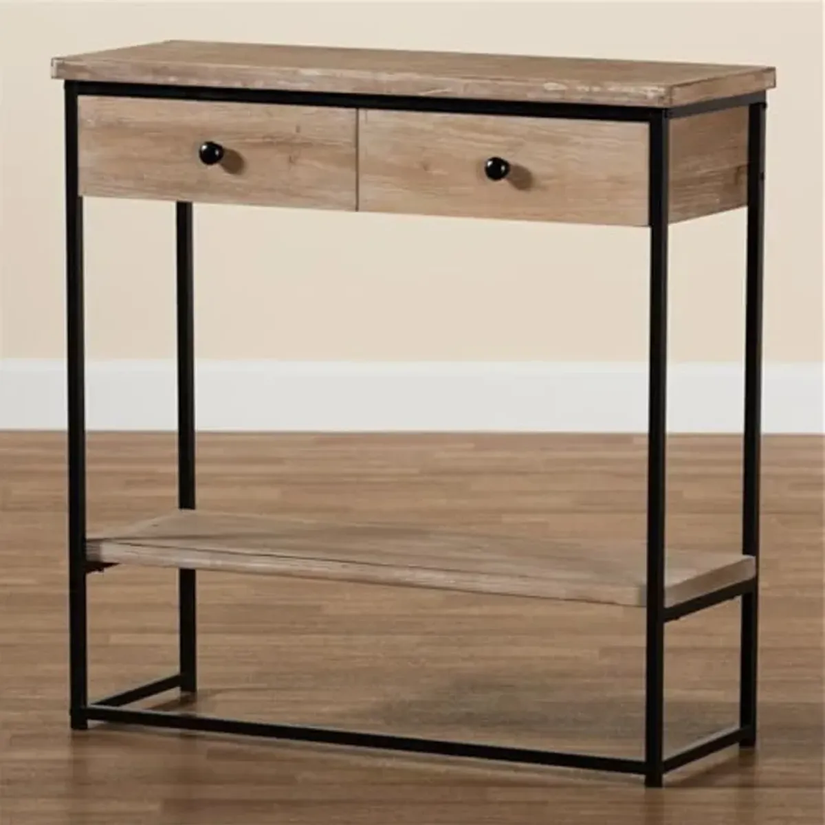 Baxton Studio Silas Modern Industrial Natural Brown Finished Wood and Black Metal 2-Drawer Console Table