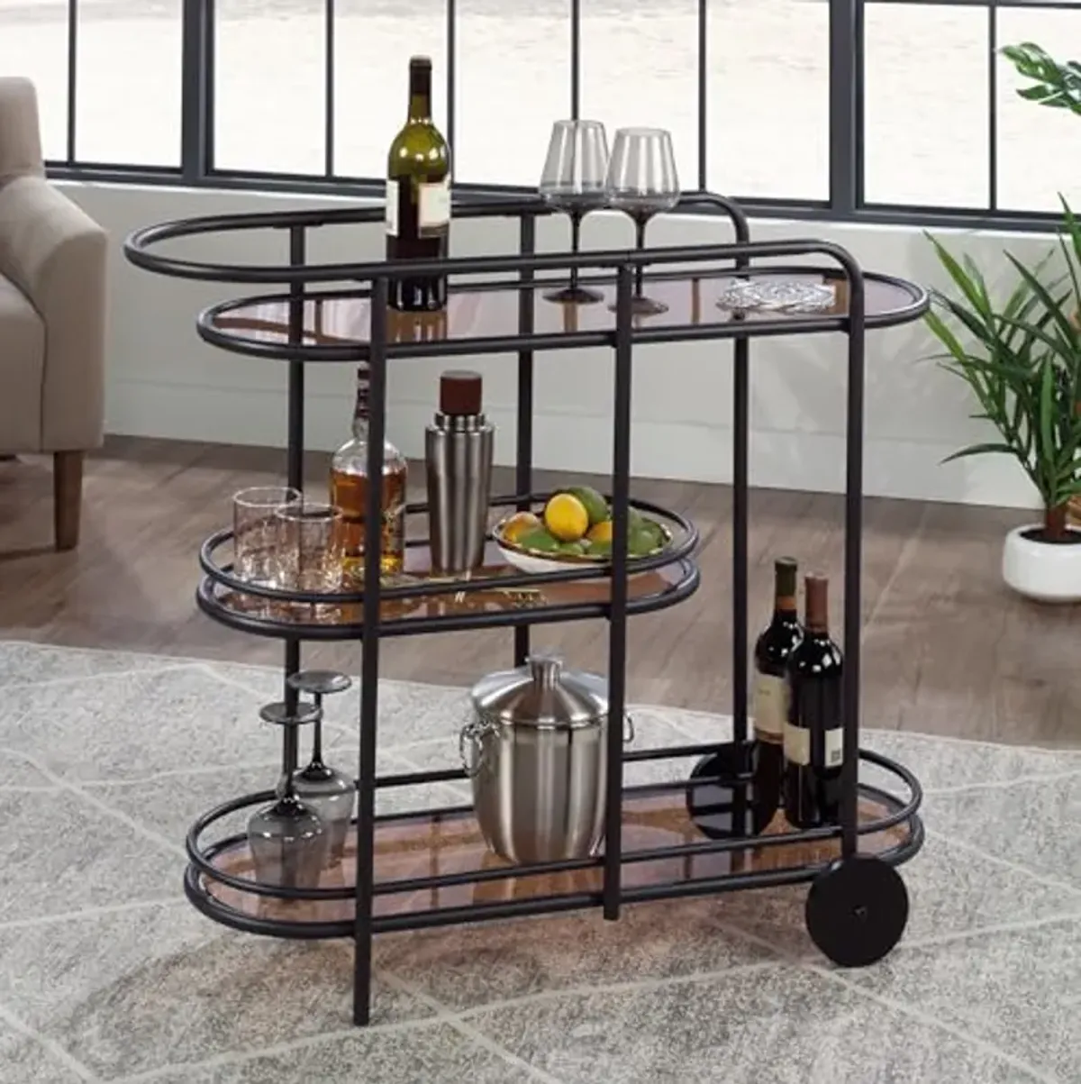 Sauder Coral Cape Bar Cart Metal/Glass, Black Finish