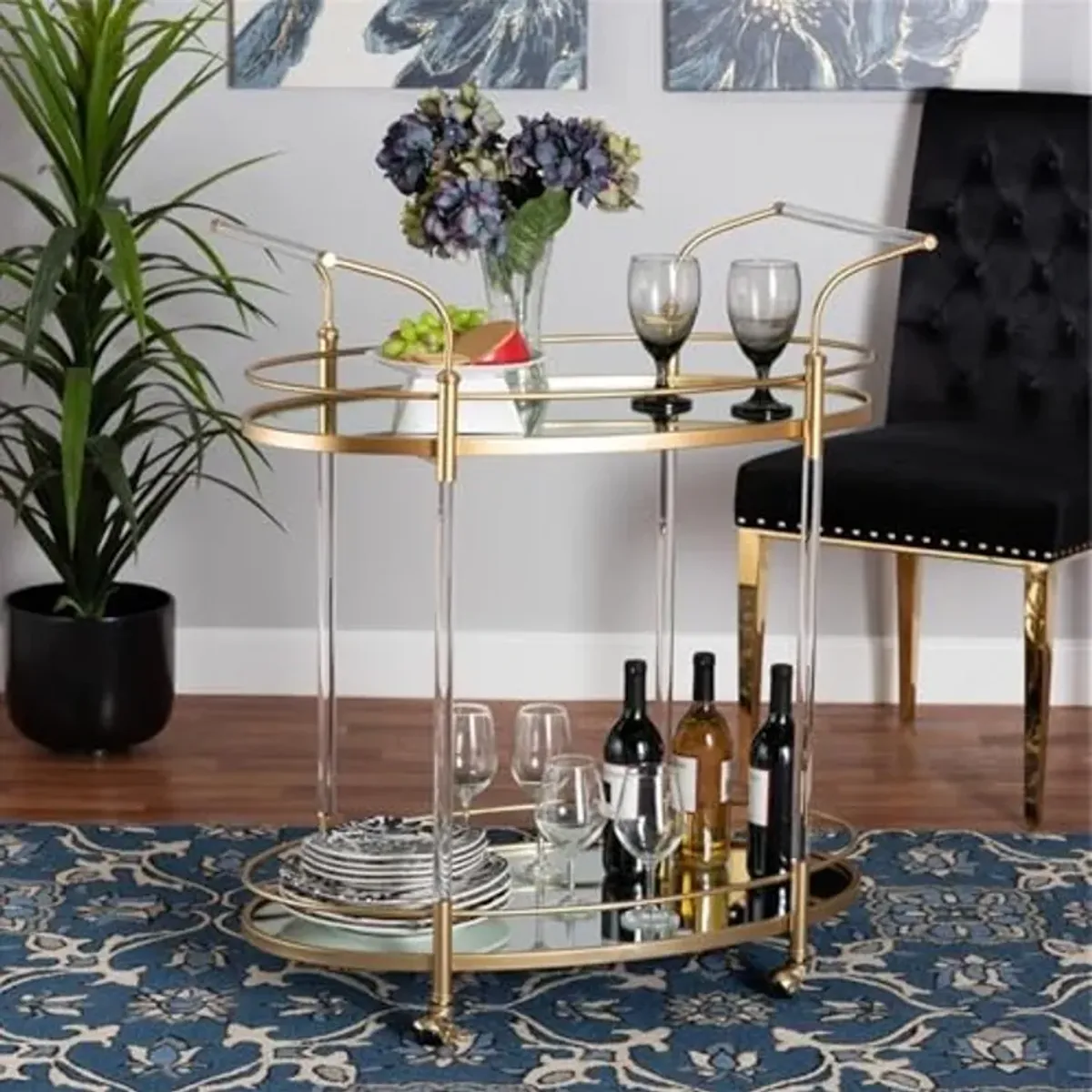 Baxton Studio Nakano Contemporary Glam and Luxe Gold Metal and Mirrored Glass 2-Tier Wine Cart