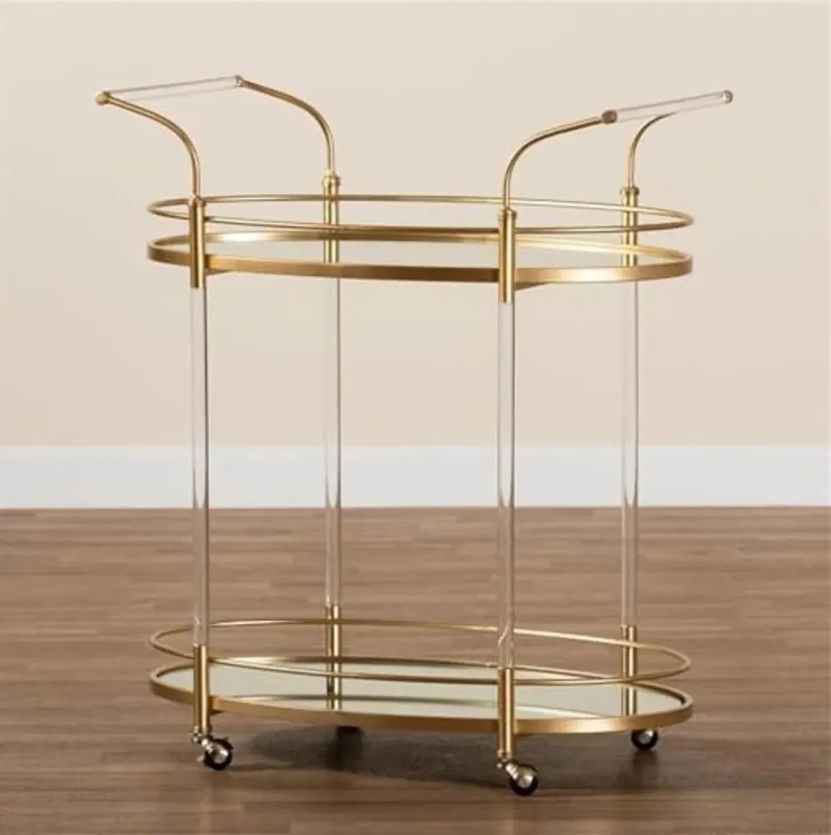 Baxton Studio Nakano Contemporary Glam and Luxe Gold Metal and Mirrored Glass 2-Tier Wine Cart