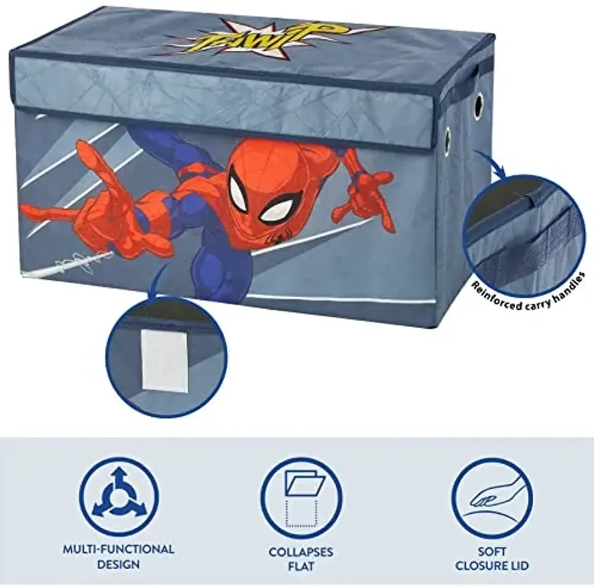 Marvel Spiderman Toy Storage Trunk for Kids,Collapsible Organizer with Soft Lid, Durable Fabric, 28.5x14.5x16, Blue Chest for Bedroom & Playroom