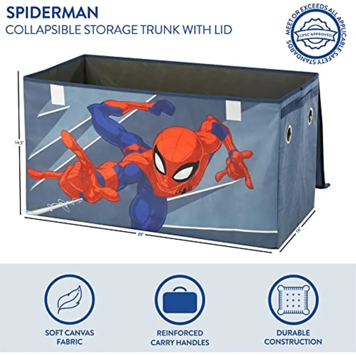 Idea Nuova Marvel Spiderman Collapsible Children’s Toy Storage Trunk, Durable with Soft Lid, 28.5" Wx14.5"x16", Spiderman Blue