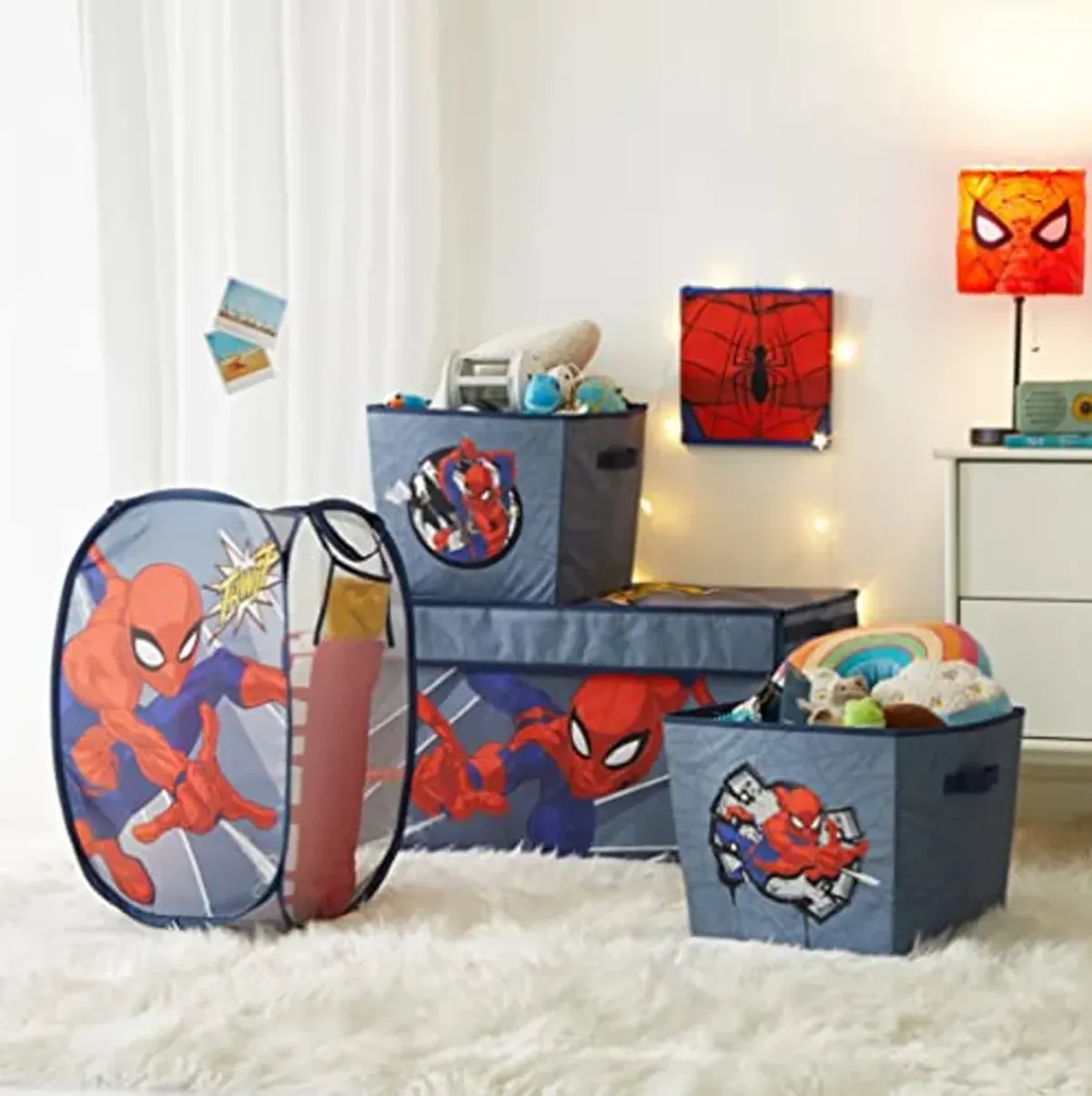 Idea Nuova Marvel Spiderman Collapsible Children’s Toy Storage Trunk, Durable with Soft Lid, 28.5" Wx14.5"x16", Spiderman Blue