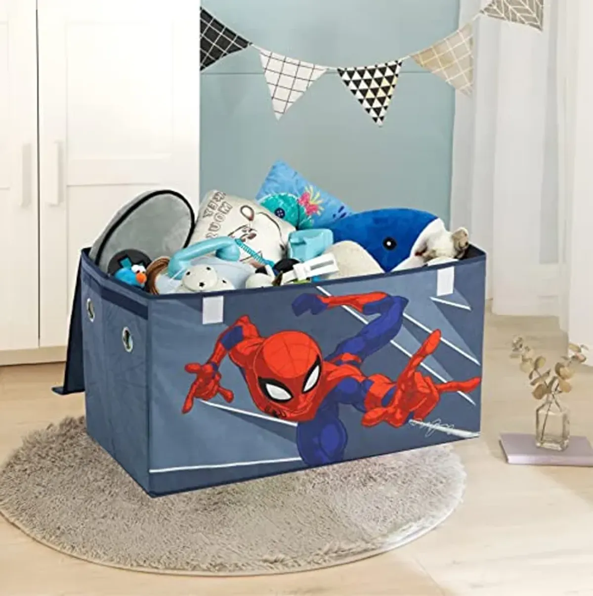 Idea Nuova Marvel Spiderman Collapsible Children’s Toy Storage Trunk, Durable with Soft Lid, 28.5" Wx14.5"x16", Spiderman Blue