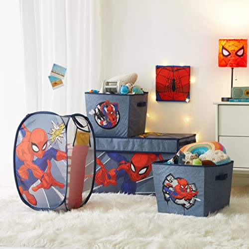 Idea Nuova Marvel Spiderman Collapsible Children’s Toy Storage Trunk, Durable with Soft Lid, 28.5" Wx14.5"x16", Spiderman Blue