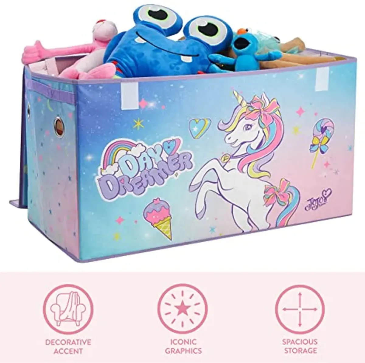 Idea Nuova JoJo Siwa Unicorn Bow Day Dreamer Collapsible Children’s Storage Trunk, Durable with Soft Lid, 28.5"x14.5"x16"