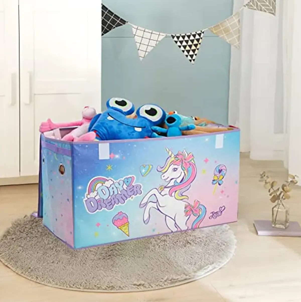 Idea Nuova JoJo Siwa Unicorn Bow Day Dreamer Collapsible Children’s Storage Trunk, Durable with Soft Lid, 28.5"x14.5"x16"