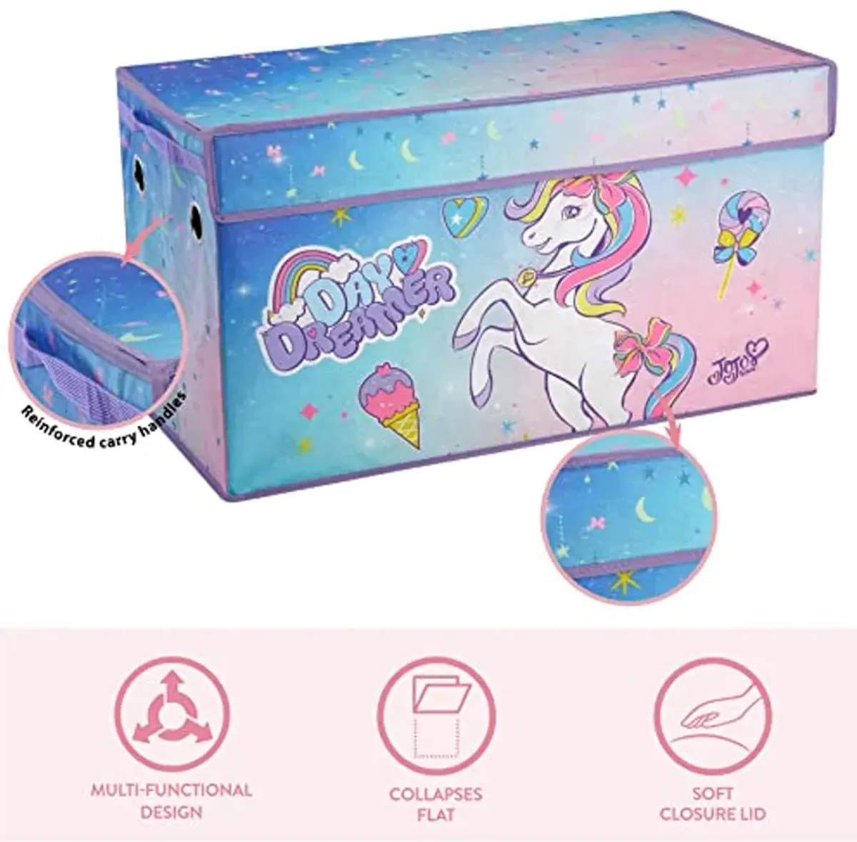 Idea Nuova JoJo Siwa Unicorn Bow Day Dreamer Collapsible Children’s Storage Trunk, Durable with Soft Lid, 28.5"x14.5"x16"