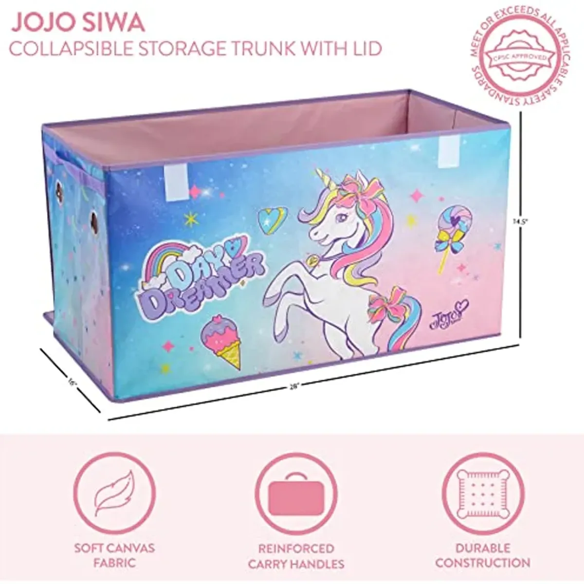 Idea Nuova JoJo Siwa Unicorn Bow Day Dreamer Collapsible Children’s Storage Trunk, Durable with Soft Lid, 28.5"x14.5"x16"