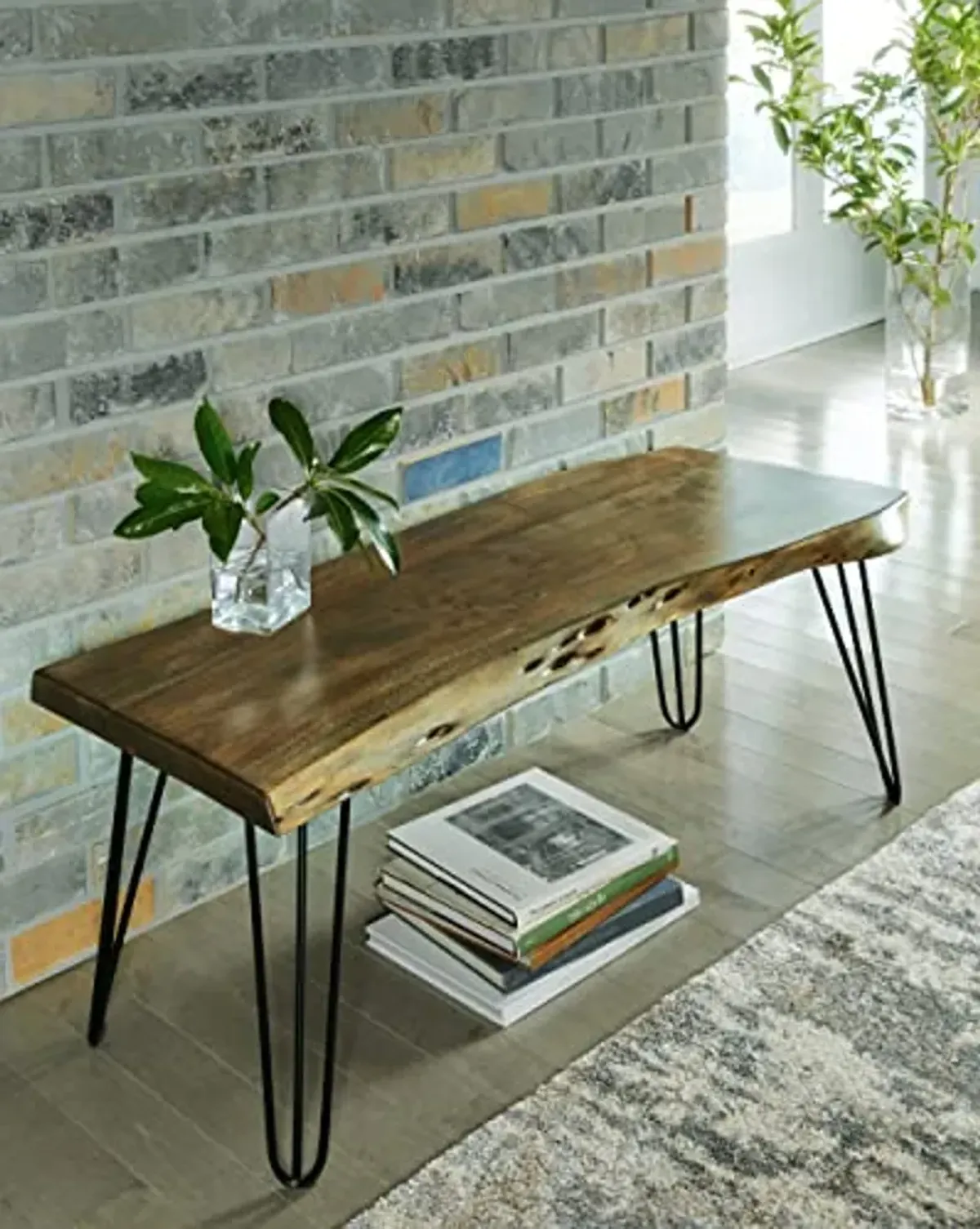 Signature Design by Ashley Haileeten Contemporary Accent Bench with Live Edge Top, Light Brown & Black