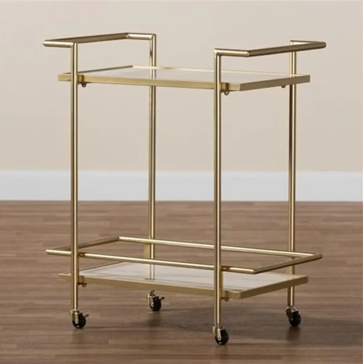 Baxton Studio Louise Contemporary Glam and Luxe Gold Metal and White Marble 2-Tier Wine Cart