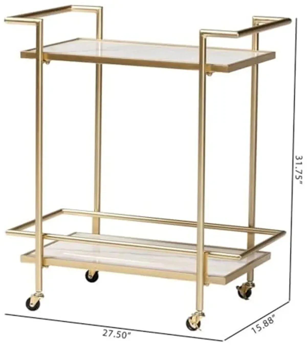 Baxton Studio Louise Contemporary Glam and Luxe Gold Metal and White Marble 2-Tier Wine Cart