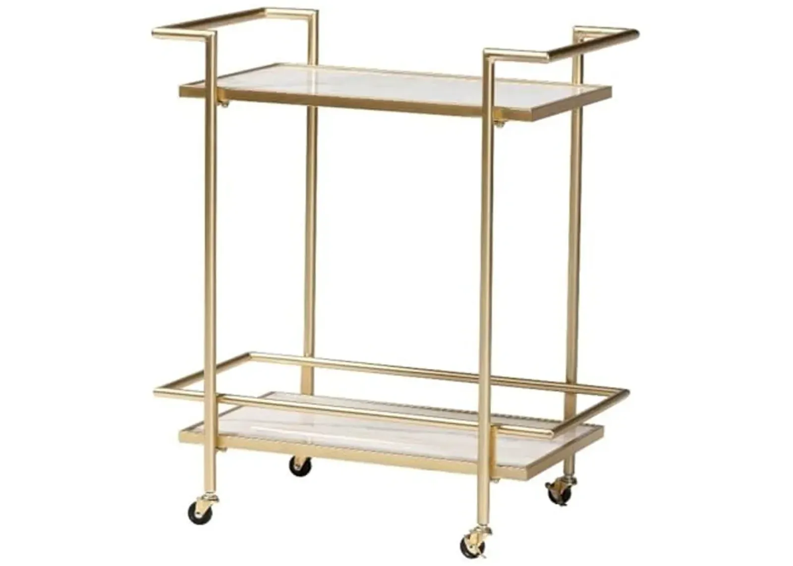 Baxton Studio Louise Contemporary Glam and Luxe Gold Metal and White Marble 2-Tier Wine Cart