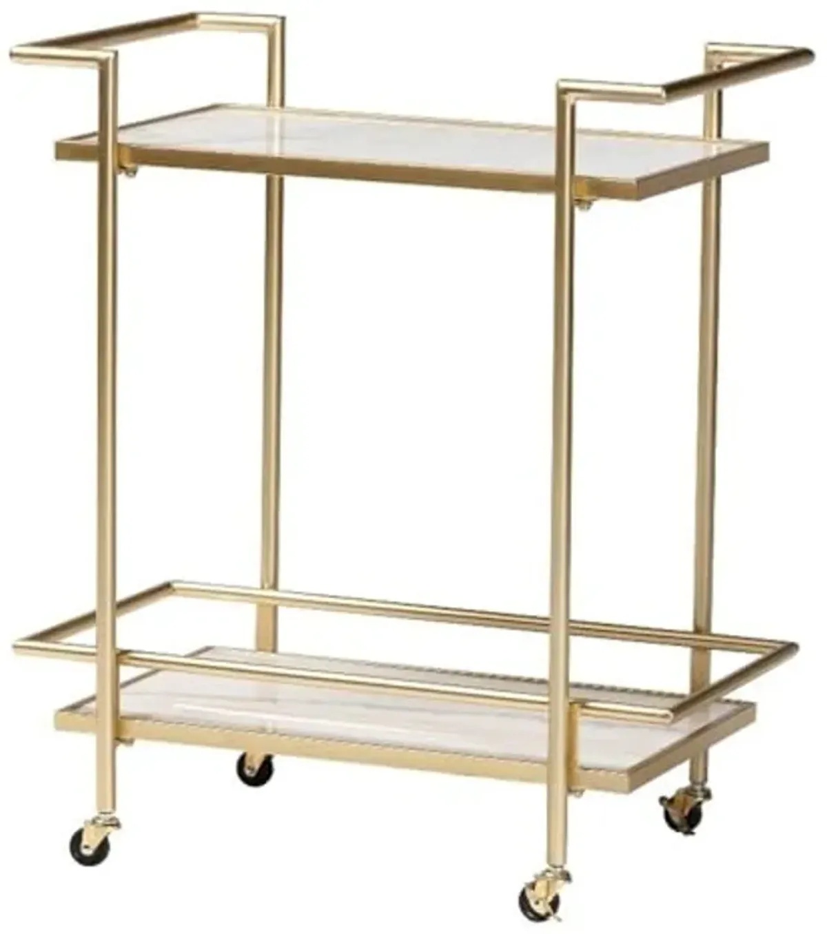 Baxton Studio Louise Contemporary Glam and Luxe Gold Metal and White Marble 2-Tier Wine Cart