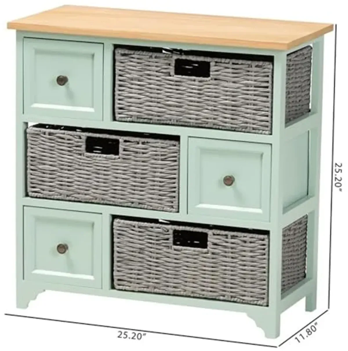 Baxton Studio Valtina Modern and Contemporary Two-Tone Oak Brown and Mint Green Finished Wood 3-Drawer Storage Unit with Baskets