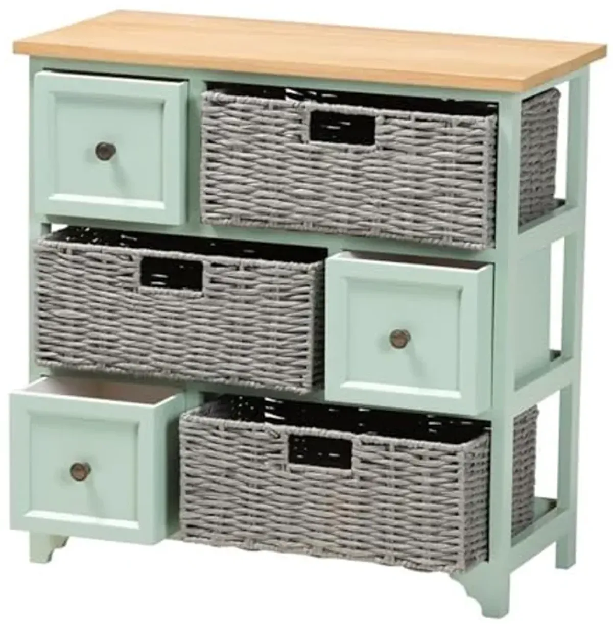 Baxton Studio Valtina Modern and Contemporary Two-Tone Oak Brown and Mint Green Finished Wood 3-Drawer Storage Unit with Baskets