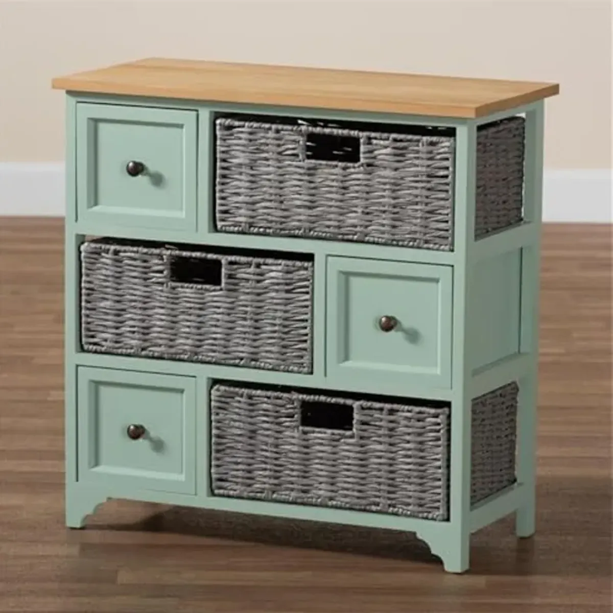 Baxton Studio Valtina Modern and Contemporary Two-Tone Oak Brown and Mint Green Finished Wood 3-Drawer Storage Unit with Baskets