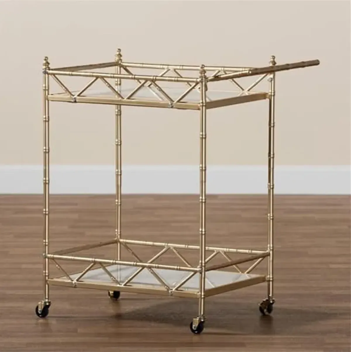 Baxton Studio Mela Contemporary Glam and Luxe Gold Metal and White Marble 2-Tier Wine Cart