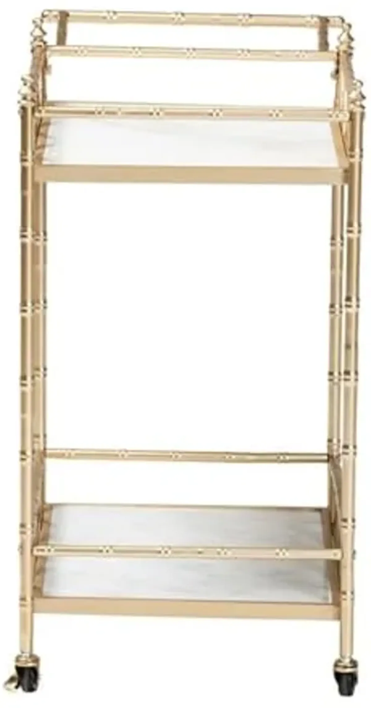 Baxton Studio Mela Contemporary Glam and Luxe Gold Metal and White Marble 2-Tier Wine Cart