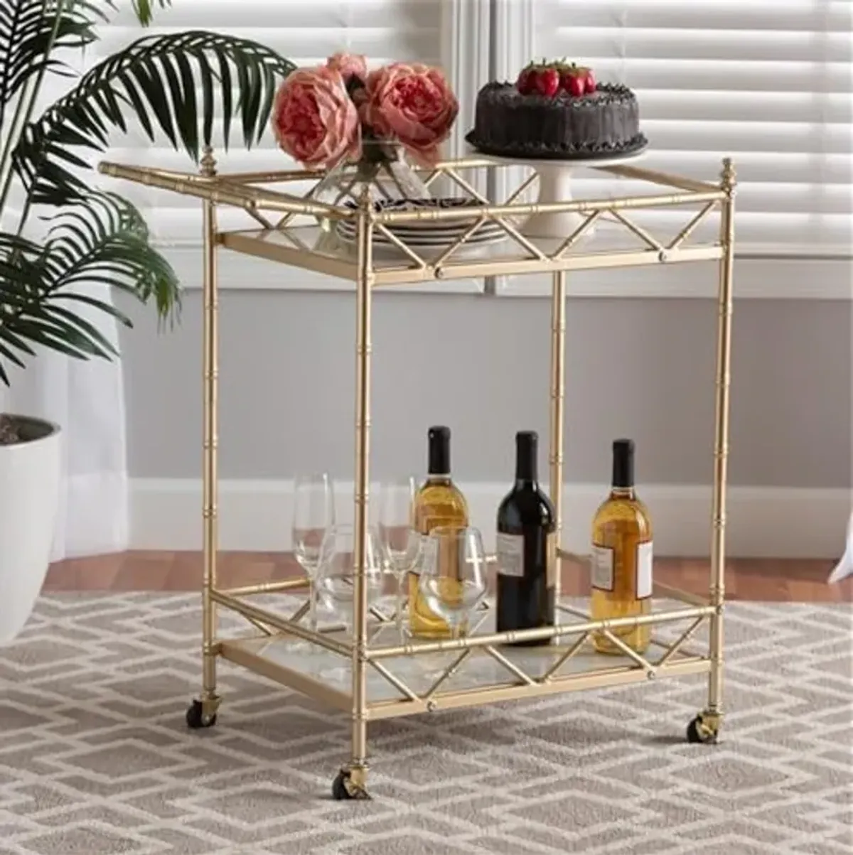 Baxton Studio Mela Contemporary Glam and Luxe Gold Metal and White Marble 2-Tier Wine Cart