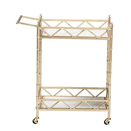 Baxton Studio Mela Gold Metal and White Marble 2-Tier Wine Cart