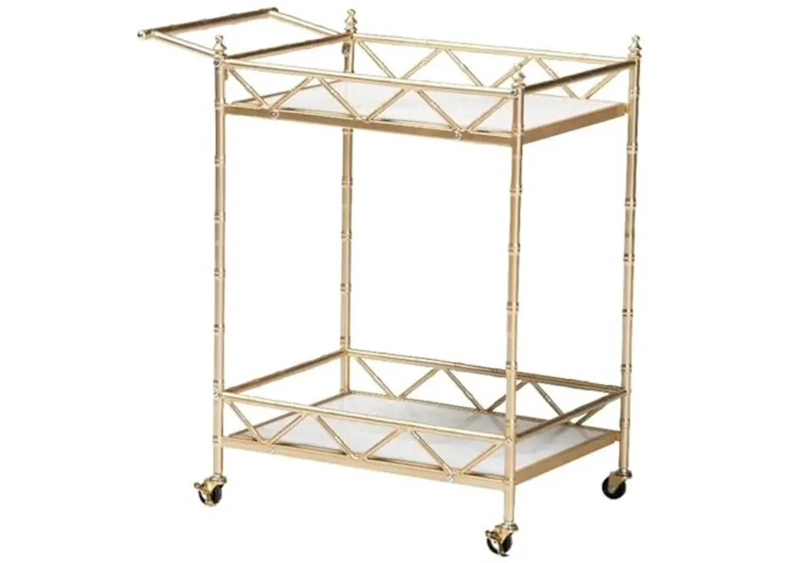 Baxton Studio Mela Contemporary Glam and Luxe Gold Metal and White Marble 2-Tier Wine Cart