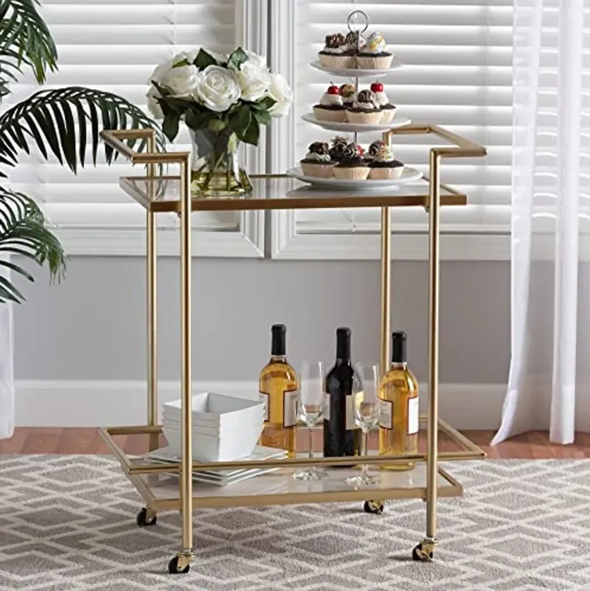 Baxton Studio Louise Wine Cart, 2-Shelf, Gold/White Marble