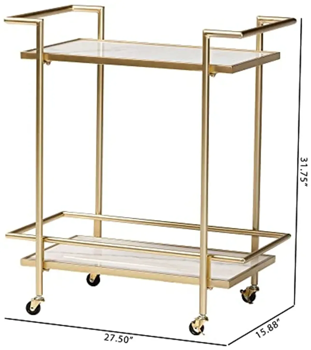 Baxton Studio Louise Wine Cart, 2-Shelf, Gold/White Marble