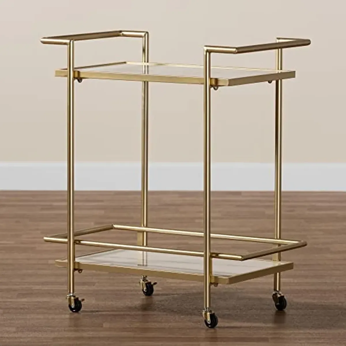 Baxton Studio Louise Wine Cart, 2-Shelf, Gold/White Marble