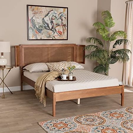 Baxton Studio Eridian Mid-Century Modern Walnut Brown Finished Wood and Natural Rattan Full Size Platform Bed