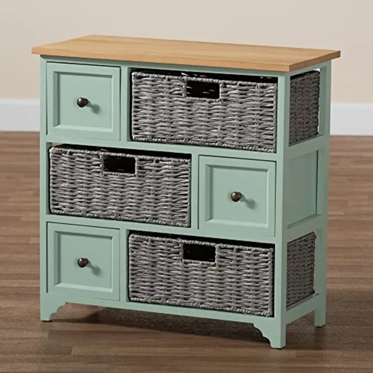 Baxton Studio Valtina Storage & Organization, 3-Drawer, Oak Brown/Grey/Mint Green