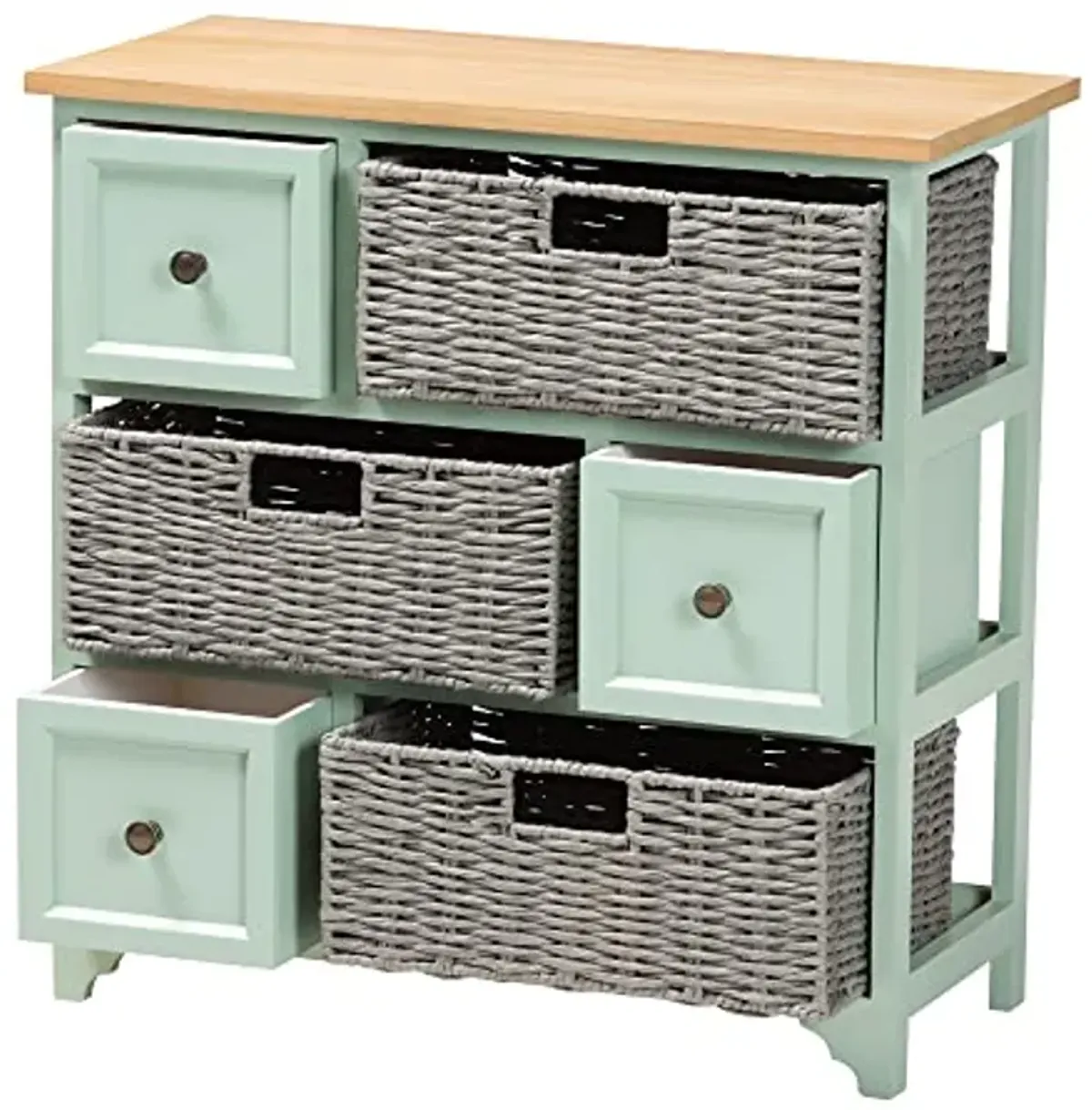 Baxton Studio Valtina Storage & Organization, 3-Drawer, Oak Brown/Grey/Mint Green