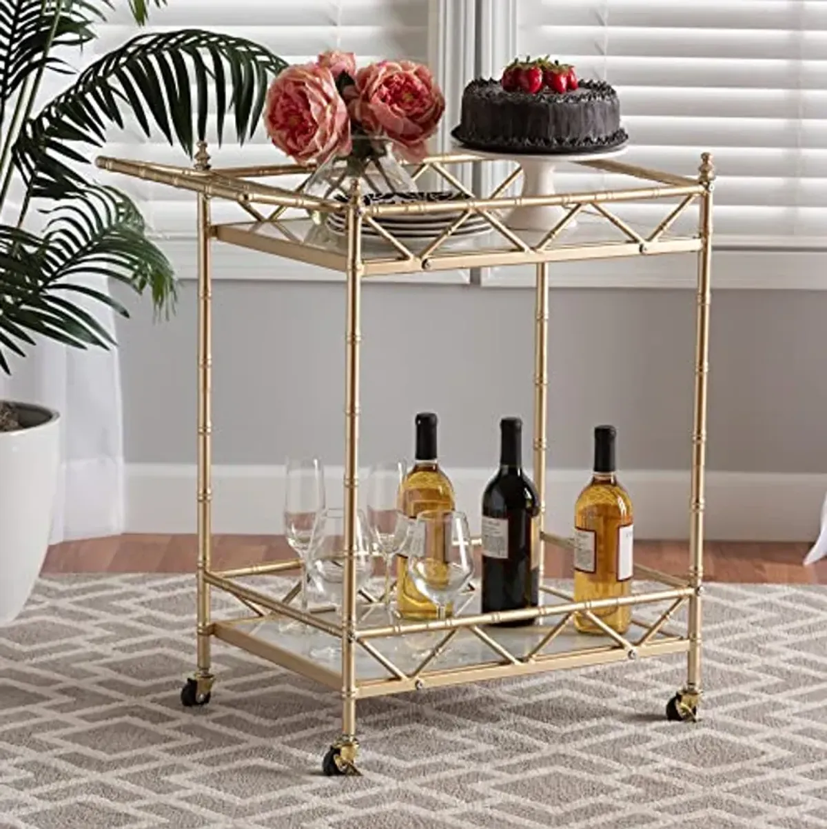 Baxton Studio Mela Wine Cart, 2-Shelf, Gold/White Marble