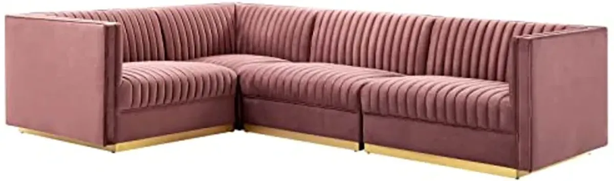 Modway Sanguine Channel Tufted Performance Velvet Modular Sectional, 4-Piece Left-Facing Sofa, Dusty Rose